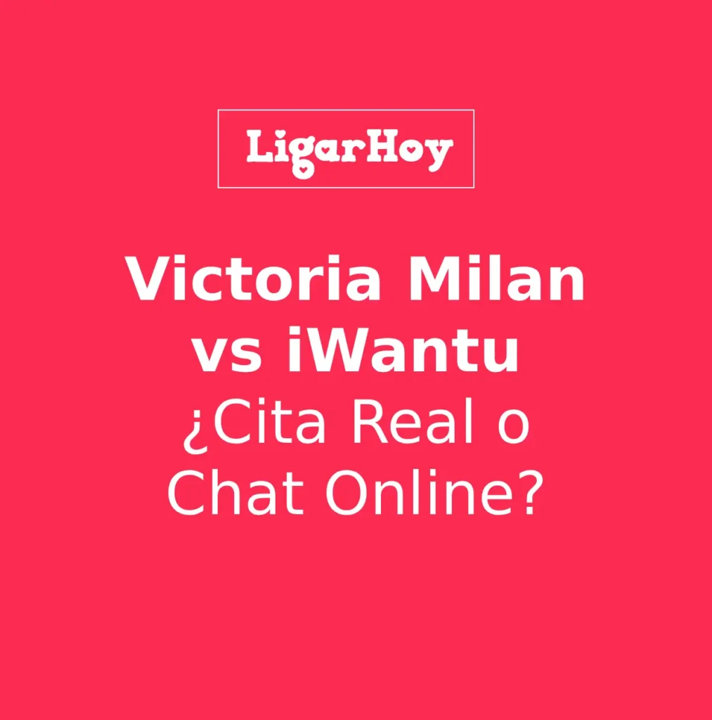 Los logos de Victoria Milan (cita en persona) y iWantu (chat en el móvil) enfrentados, comparando una cita real vs. una fantasía online.