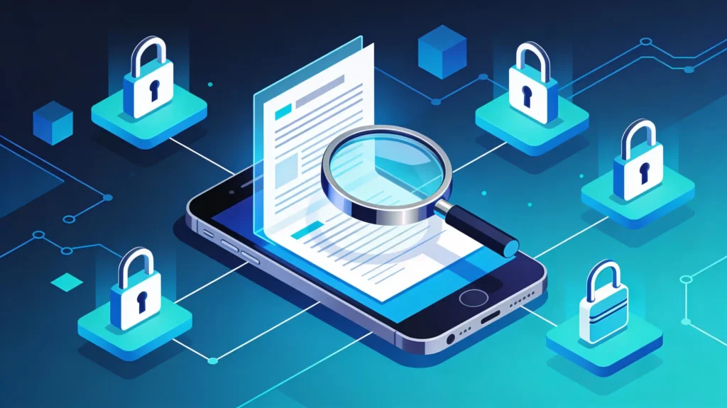 Lupa analizando los términos y condiciones de privacidad de aplicaciones de citas.