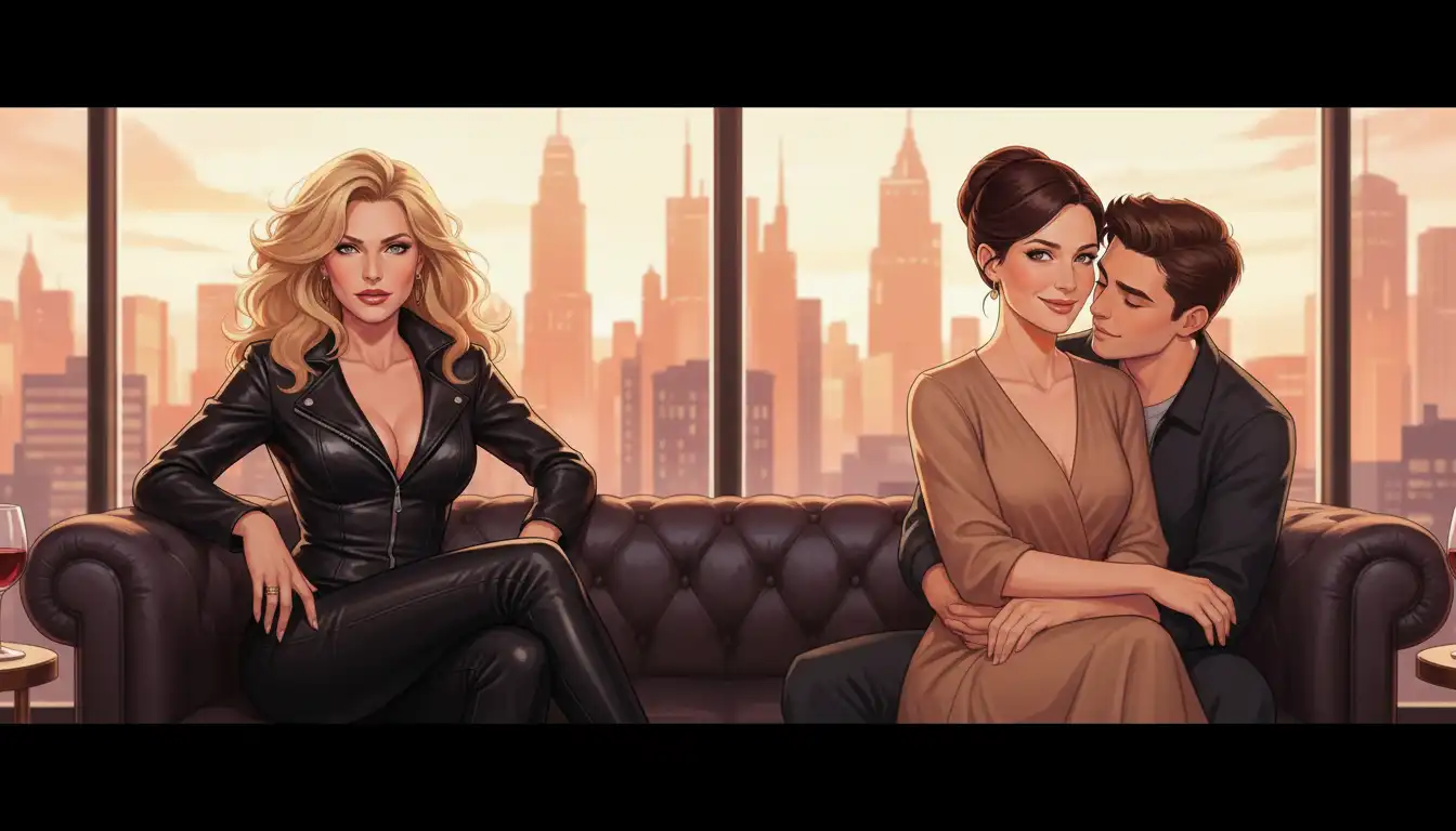 Mujer mediana edad con fisico imponente y mujer madura con chico joven en actitud cariñosa.