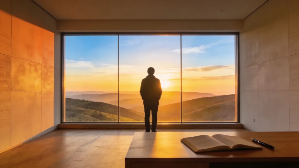 Persona mirando un amanecer desde una ventana, simbolizando la recuperación de la autoestima, el crecimiento personal y la esperanza tras una ruptura amorosa.