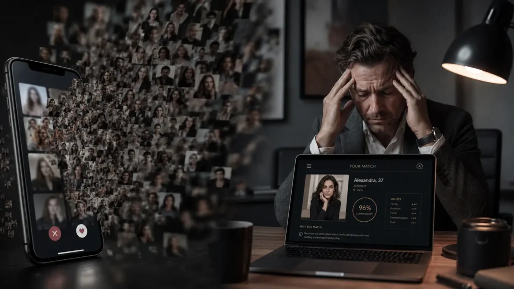 Persona de unos 40 años agotada mirando la pantalla de su teléfono móvil con perfiles de aplicaciones de citas descartados, representando la fatiga por citas.