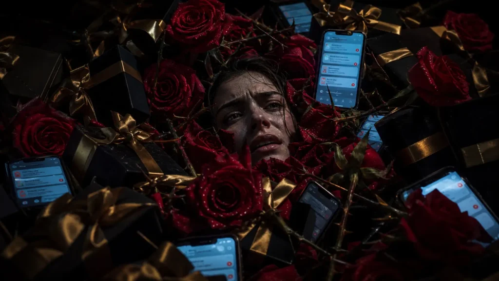 Persona abrumada por un exceso de atención, flores y mensajes en la pantalla de su teléfono, representando los peligros del Love Bombing.